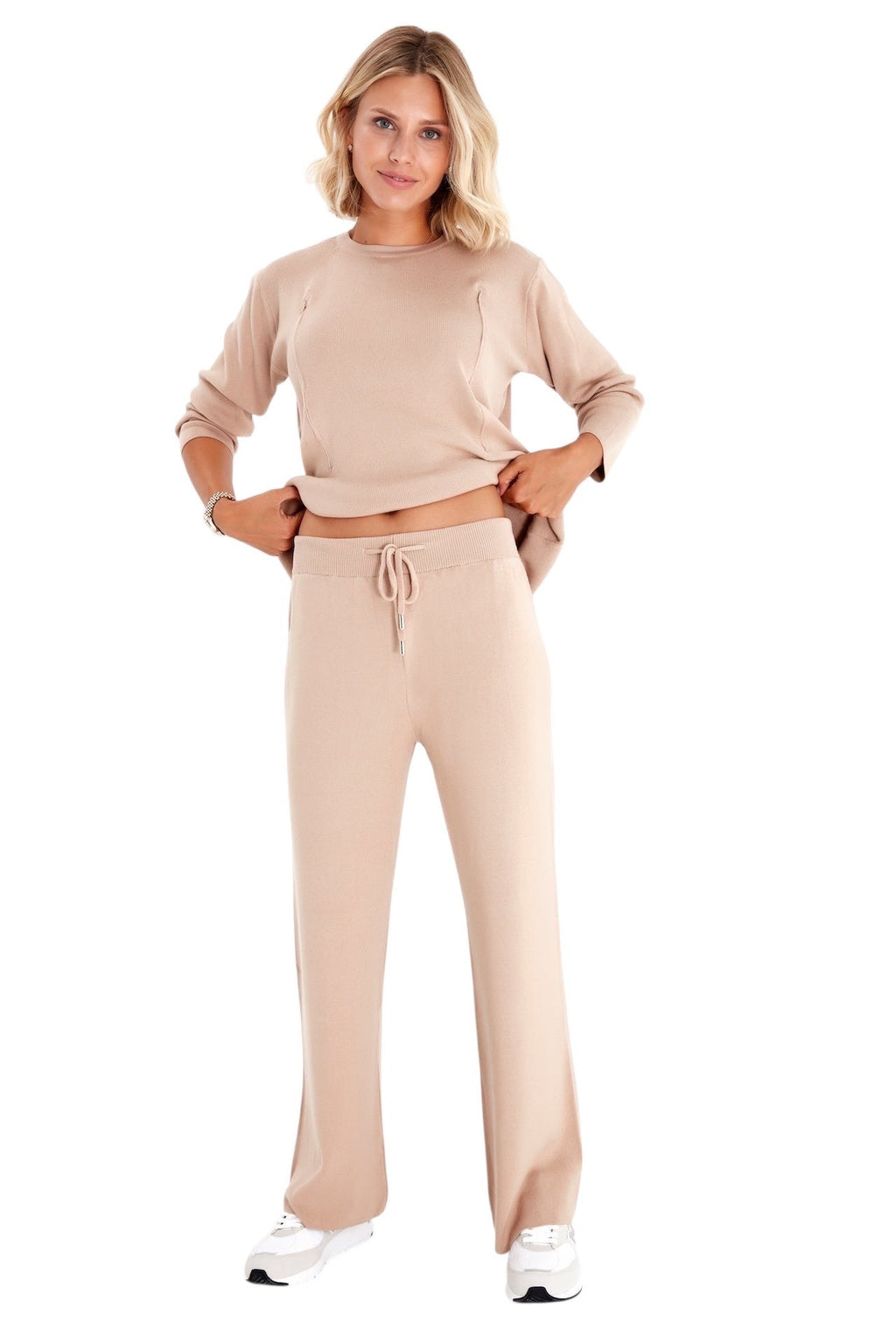 Viscose maternity and nursing lounge set with long sleeve zip top and matching ribbed pants — view 5