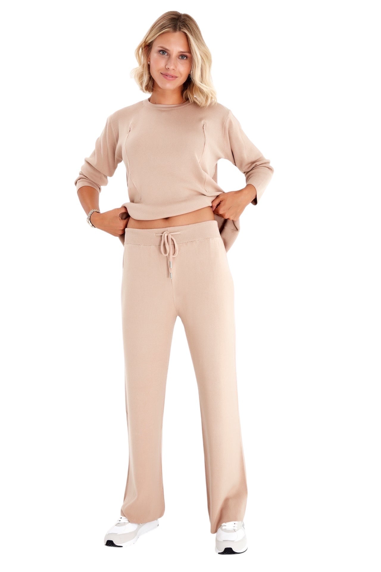 Viscose maternity and nursing lounge set with long sleeve zip top and matching ribbed pants — view 5