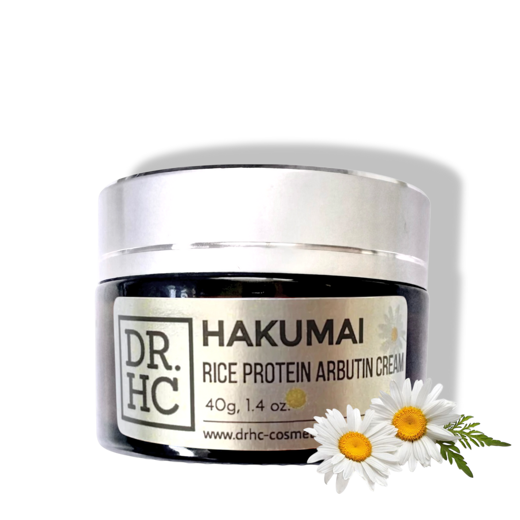Hakumai rice protein arbutin face cream in a minimalist white cosmetic jar with natural botanical ingredients