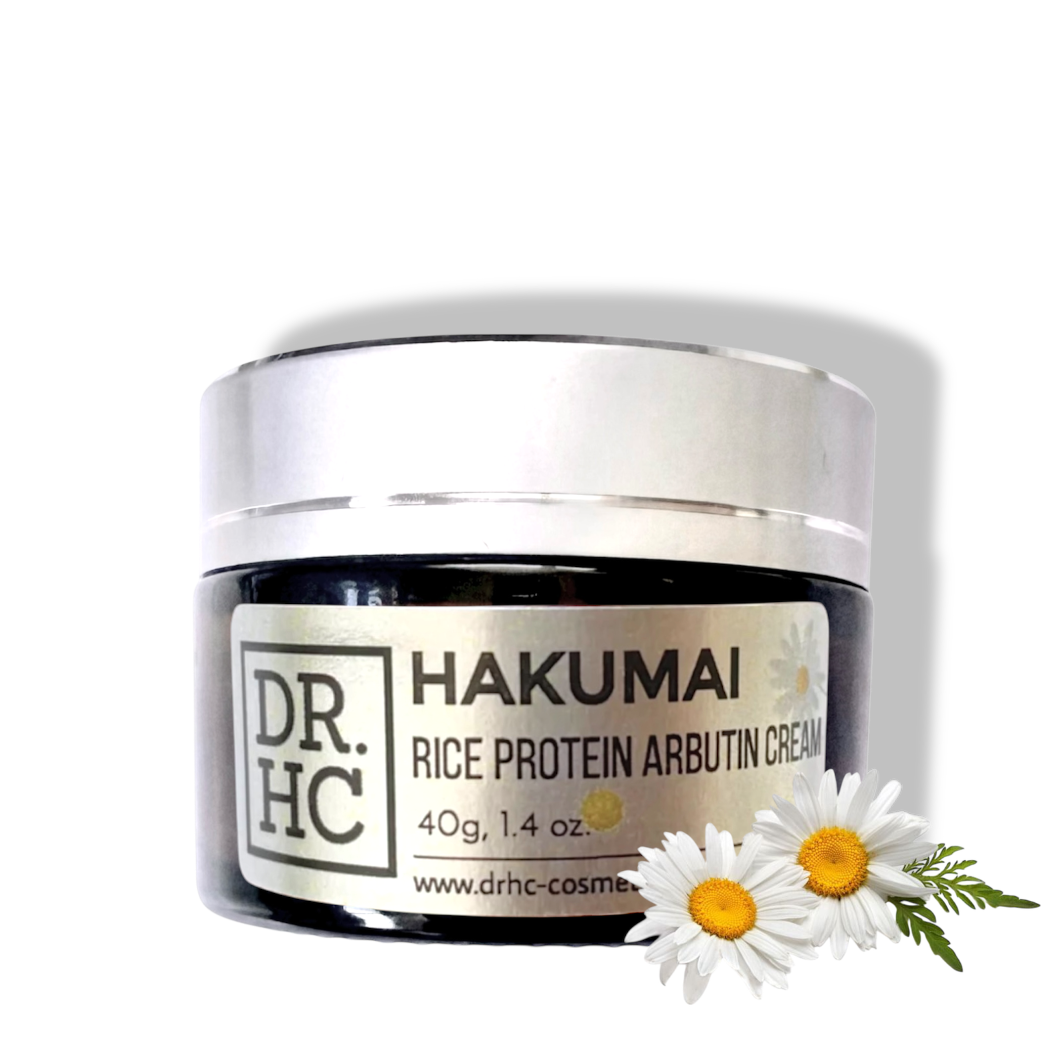 Hakumai rice protein arbutin face cream in a minimalist white cosmetic jar with natural botanical ingredients