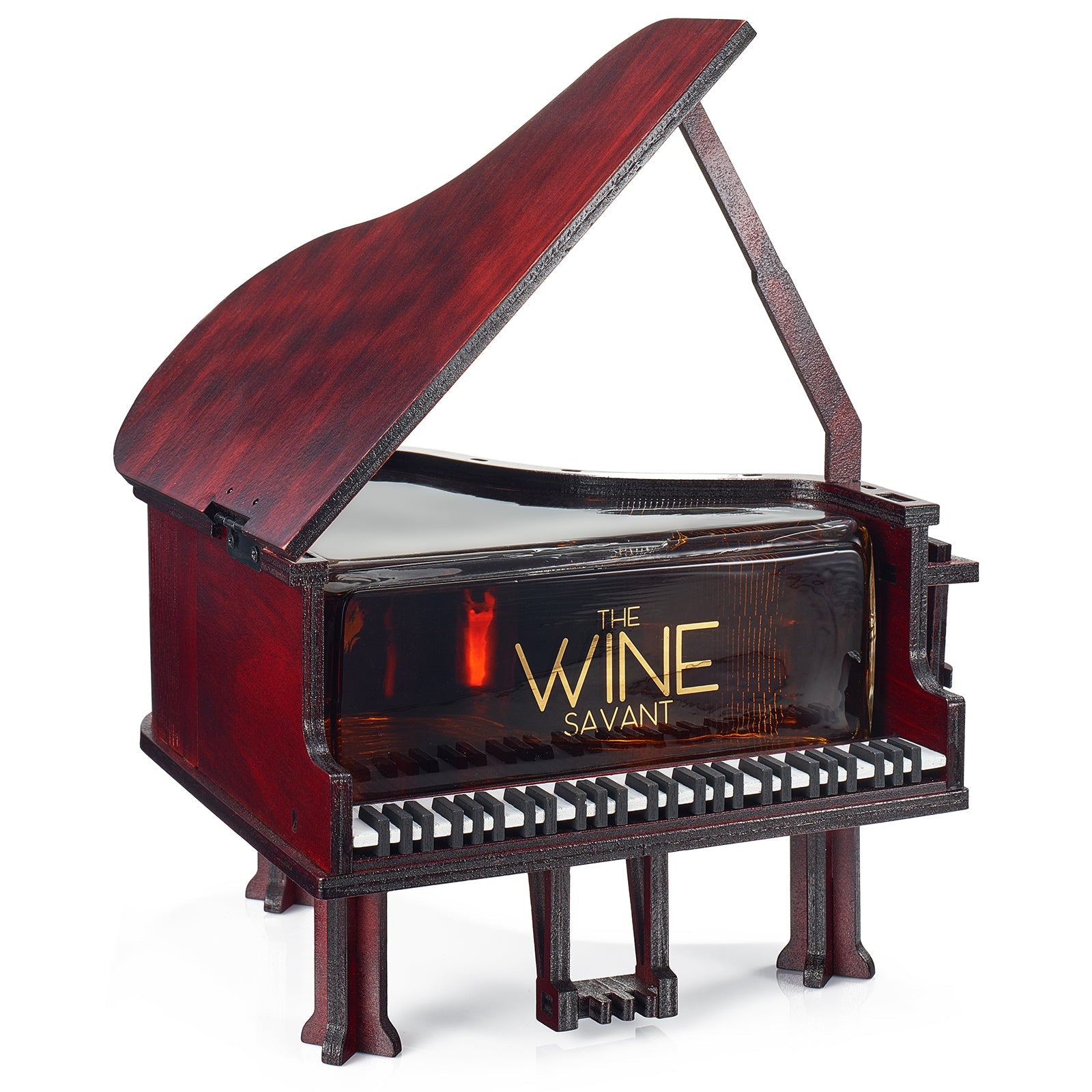 Piano shaped whiskey decanter crafted from mahogany wood with lifting lid and internal glass dispenser — view 2