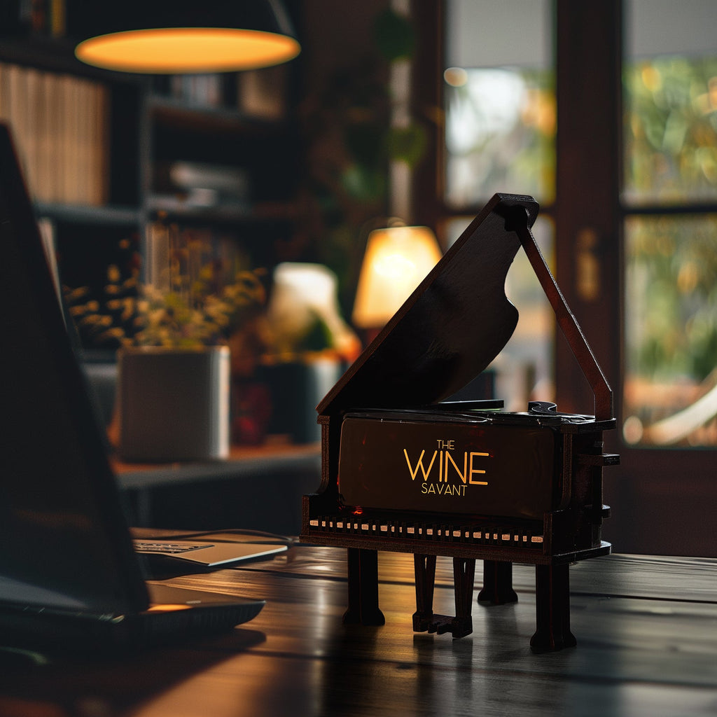Piano shaped whiskey decanter crafted from mahogany wood with lifting lid and internal glass dispenser — view 4