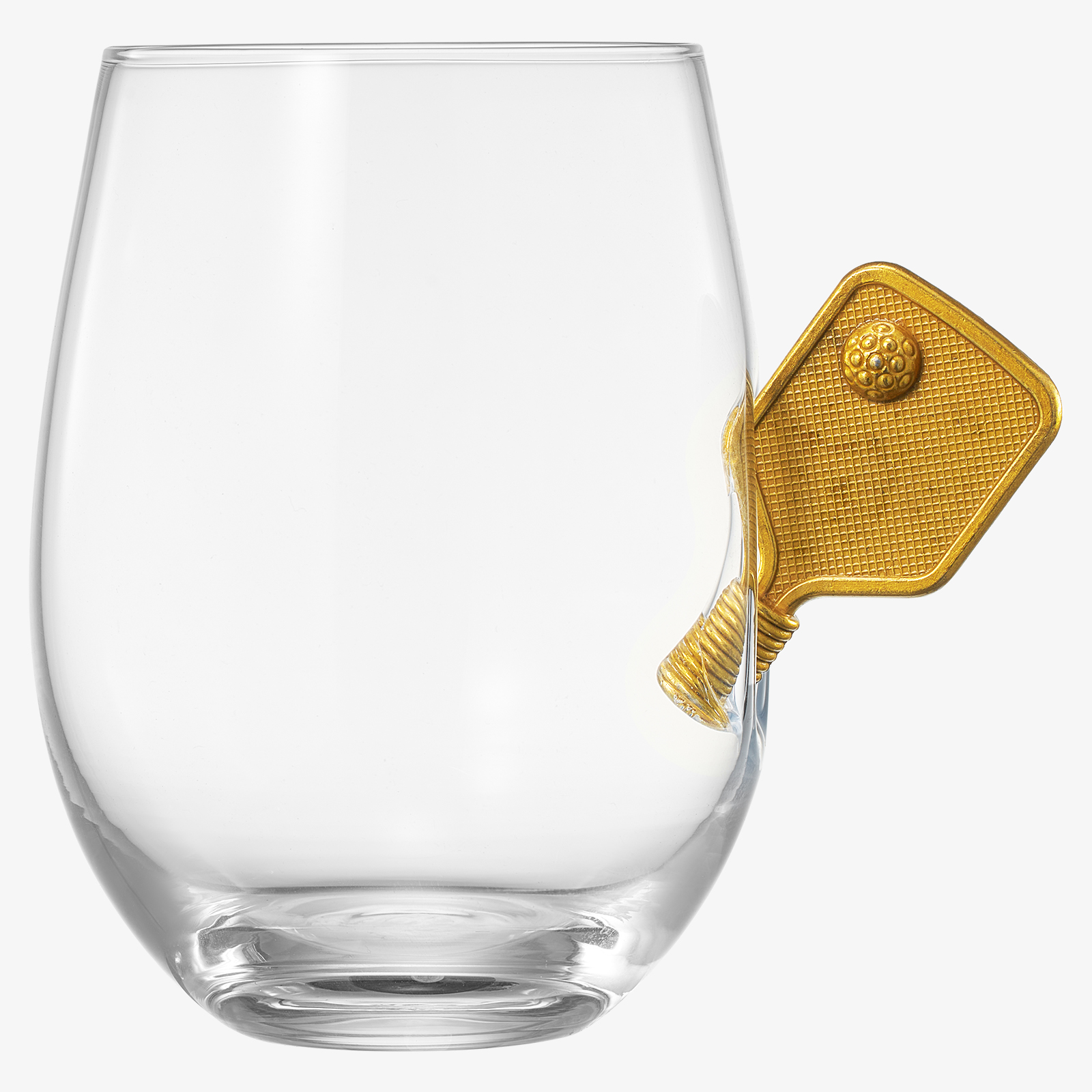 Pickleball stemless wine glass with a decorative gold racket on the side, 17.5 ounce capacity