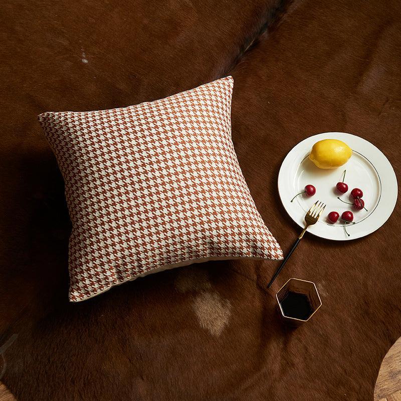 Square orange houndstooth chenille and velvet cushion cover for modern sofa and living room decor — view 2