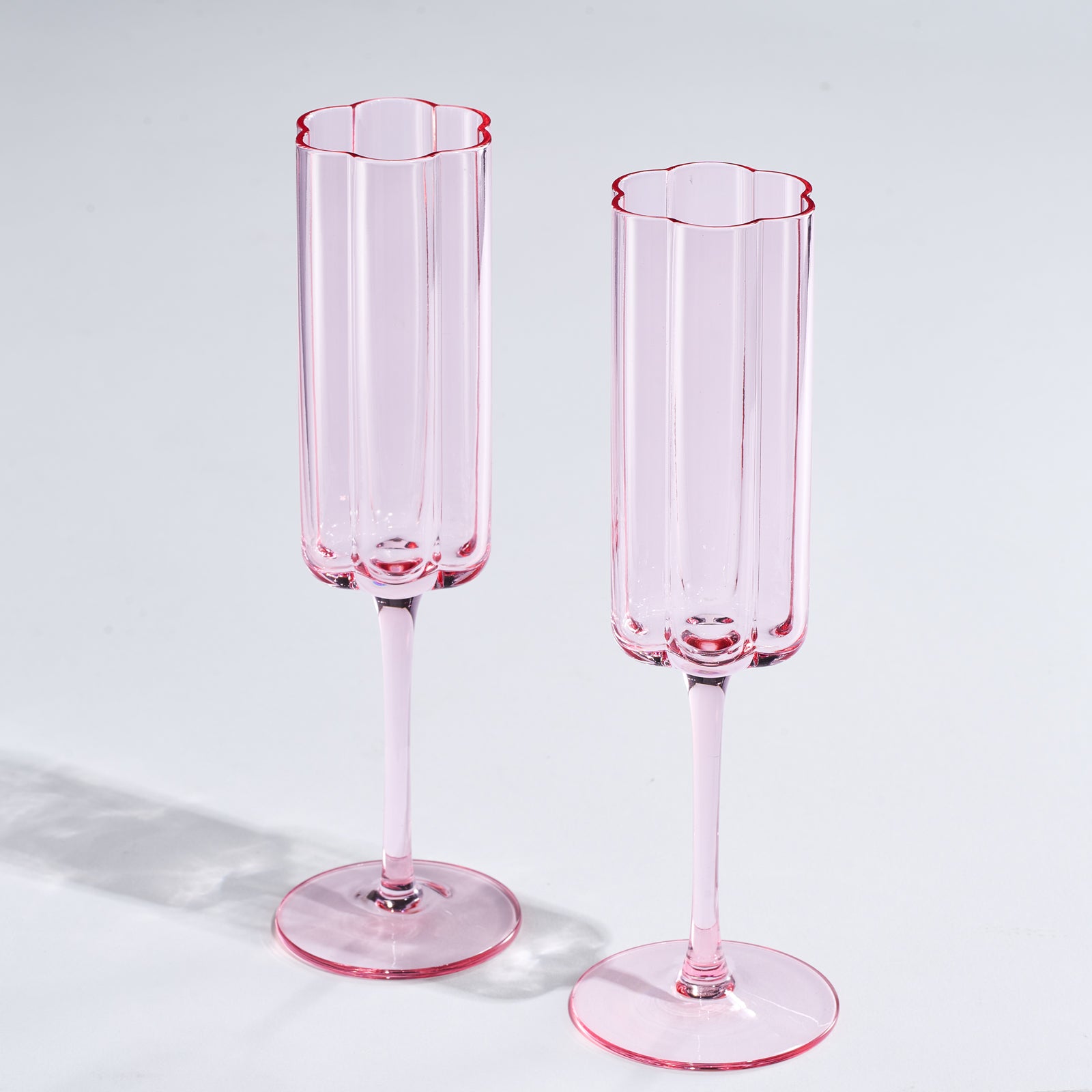 Pink flower champagne flutes set of two, elegant vintage tinted glassware for prosecco and wine