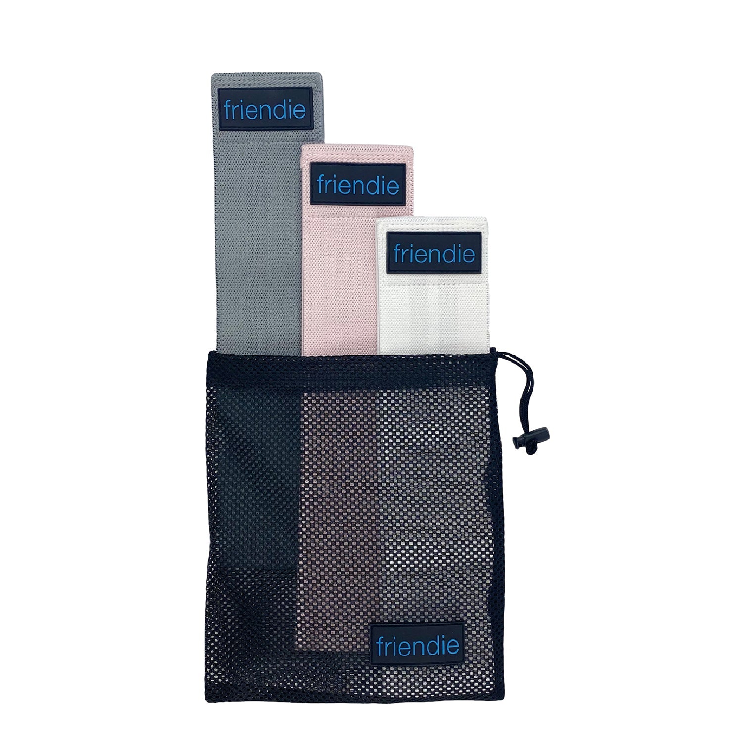 Set of three blush pink resistance bands with mesh carry bag for lower body fitness