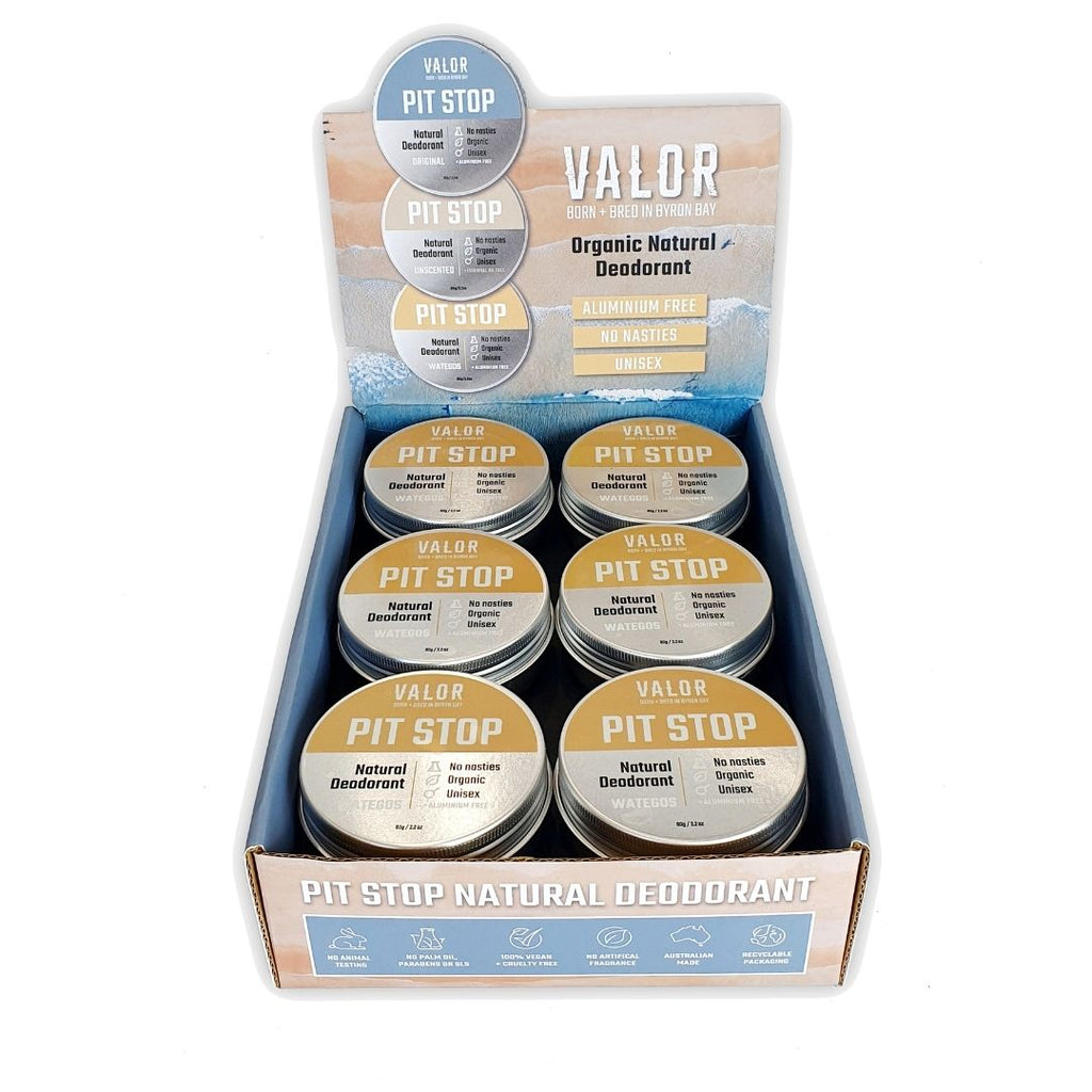 Countertop box of twelve natural Wategos grapefuit cedarwood deodorants with complimentary tester