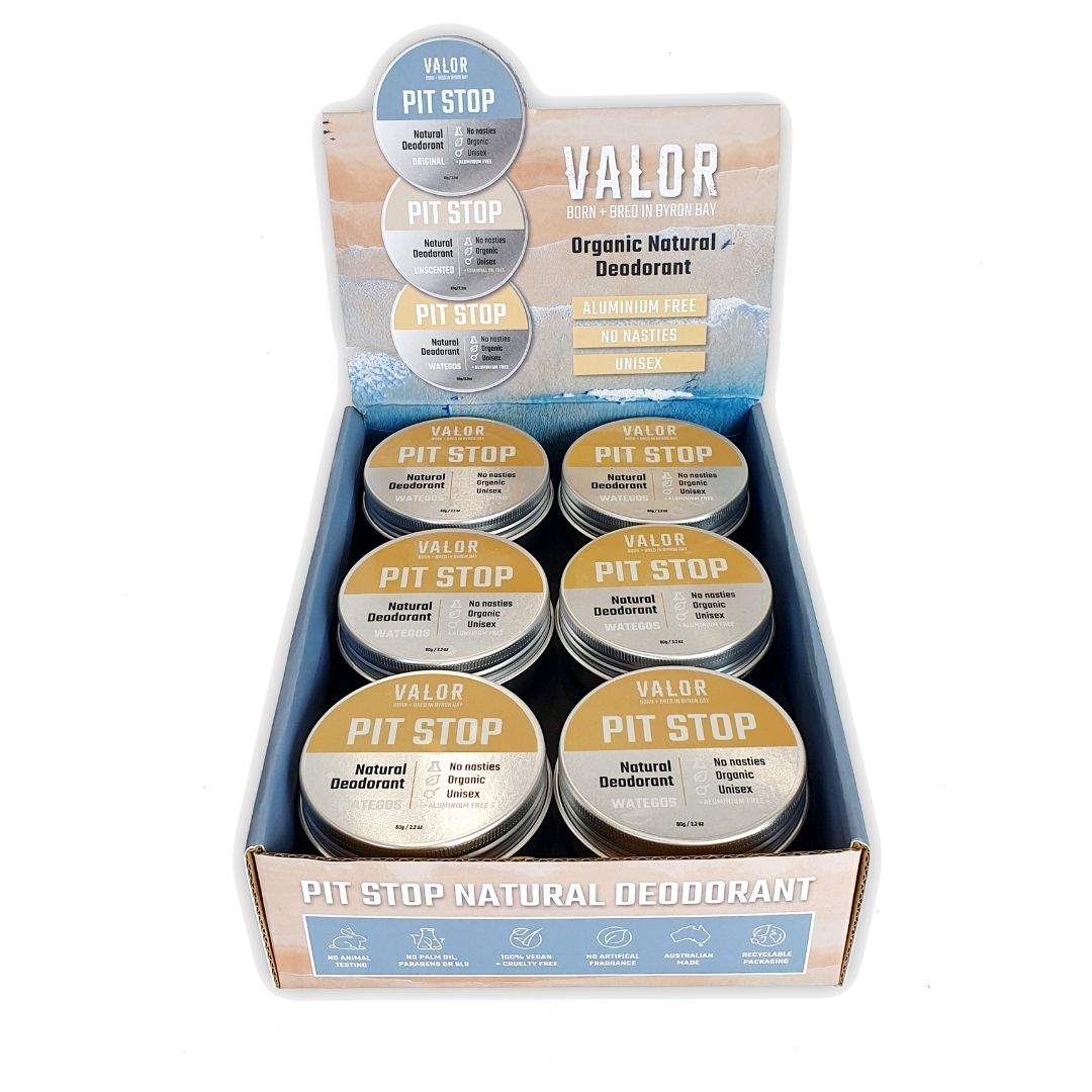 Countertop box of twelve natural Wategos grapefuit cedarwood deodorants with complimentary tester