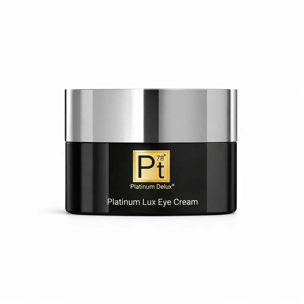 Platinum Lux anti-aging retinol eye cream jar for reducing fine lines and dark circles.