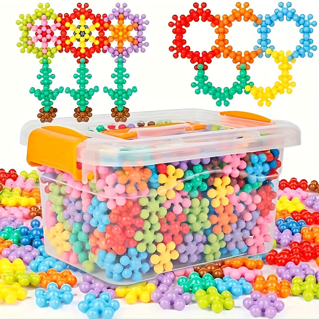 Vibrant Plum Blossom 3D snowflake building blocks connected together in a creative children's play structure — view 3