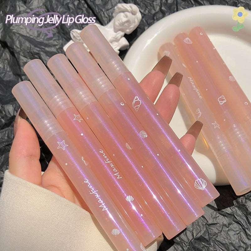 Plumping pink lip gloss tube with holographic shine highlighting a nourishing and volumizing cosmetic formula