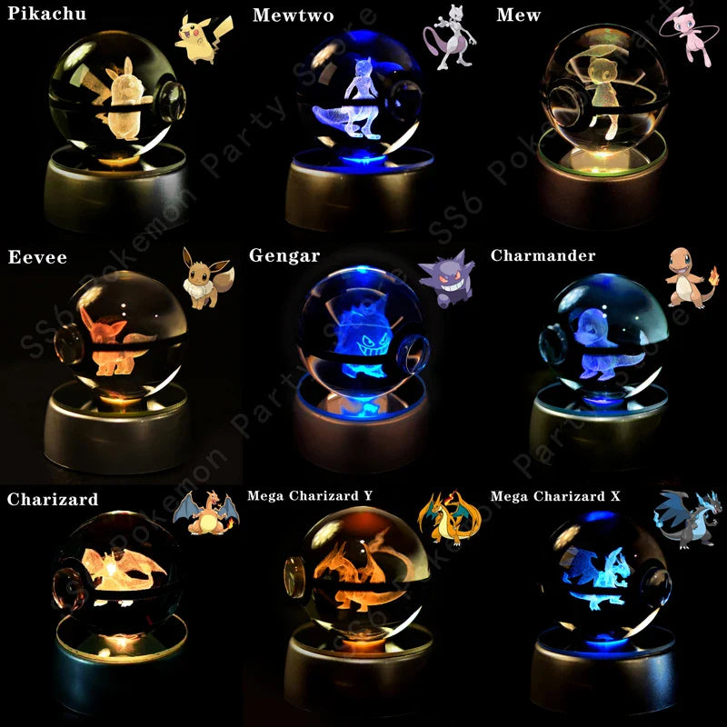 Pokemon crystal ball 3D lamp night light with glowing Pikachu character on base — view 2