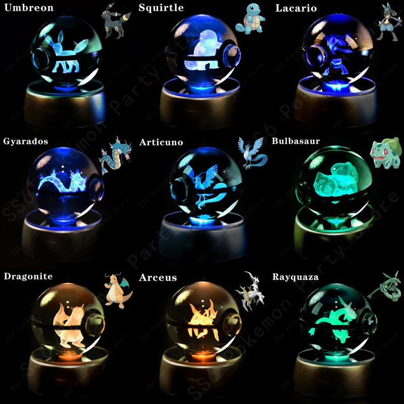 Pokemon crystal ball 3D lamp night light with glowing Pikachu character on base — view 3