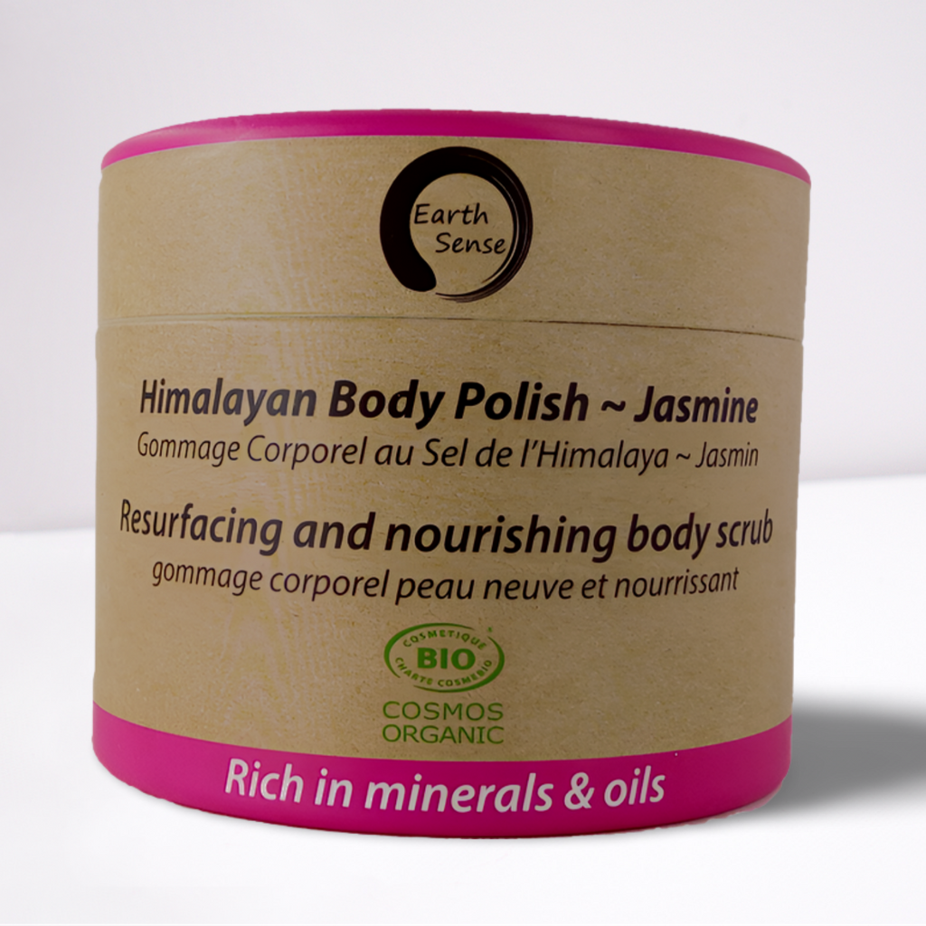 Organic Jasmine body polish exfoliant in 200ml recycled paper jar with pink salt