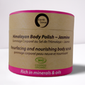 Organic Jasmine body polish exfoliant in 200ml recycled paper jar with pink salt