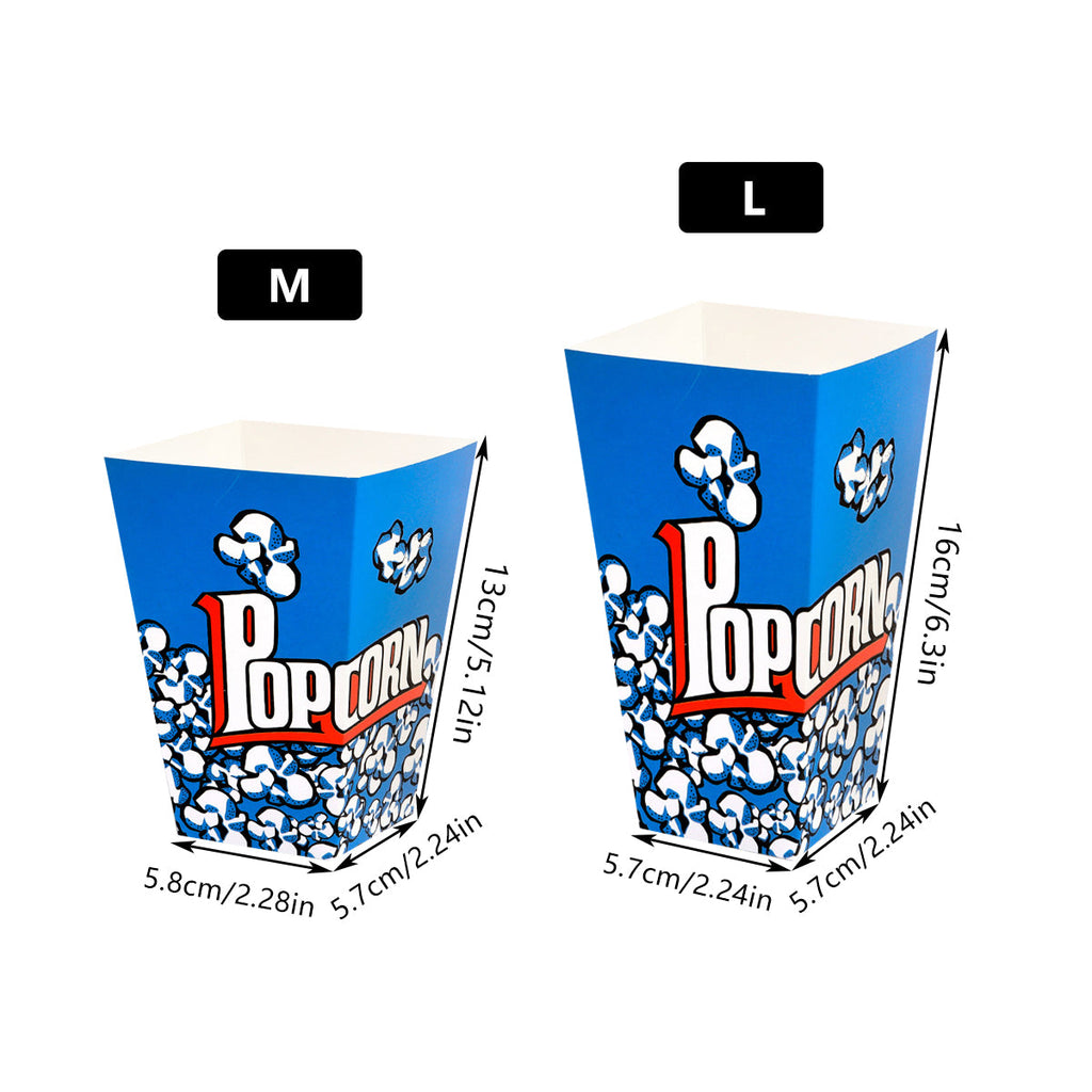 Disposable blue paper popcorn boxes with vintage print for snacks, fries, and movie nights. — view 3