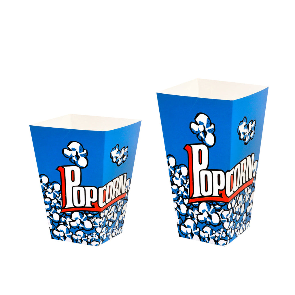 Disposable blue paper popcorn boxes with vintage print for snacks, fries, and movie nights. — view 2