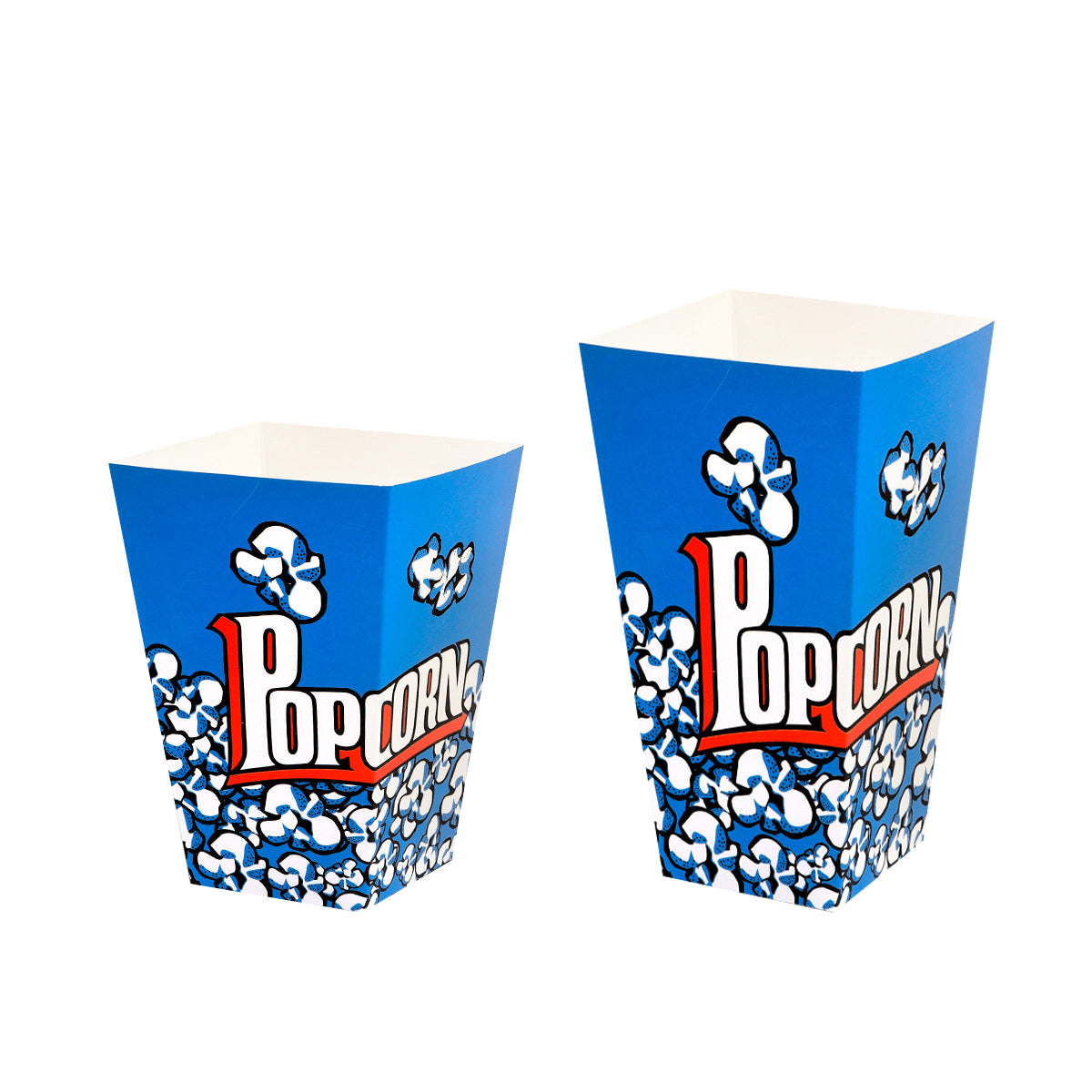 Disposable blue paper popcorn boxes with vintage print for snacks, fries, and movie nights. — view 2