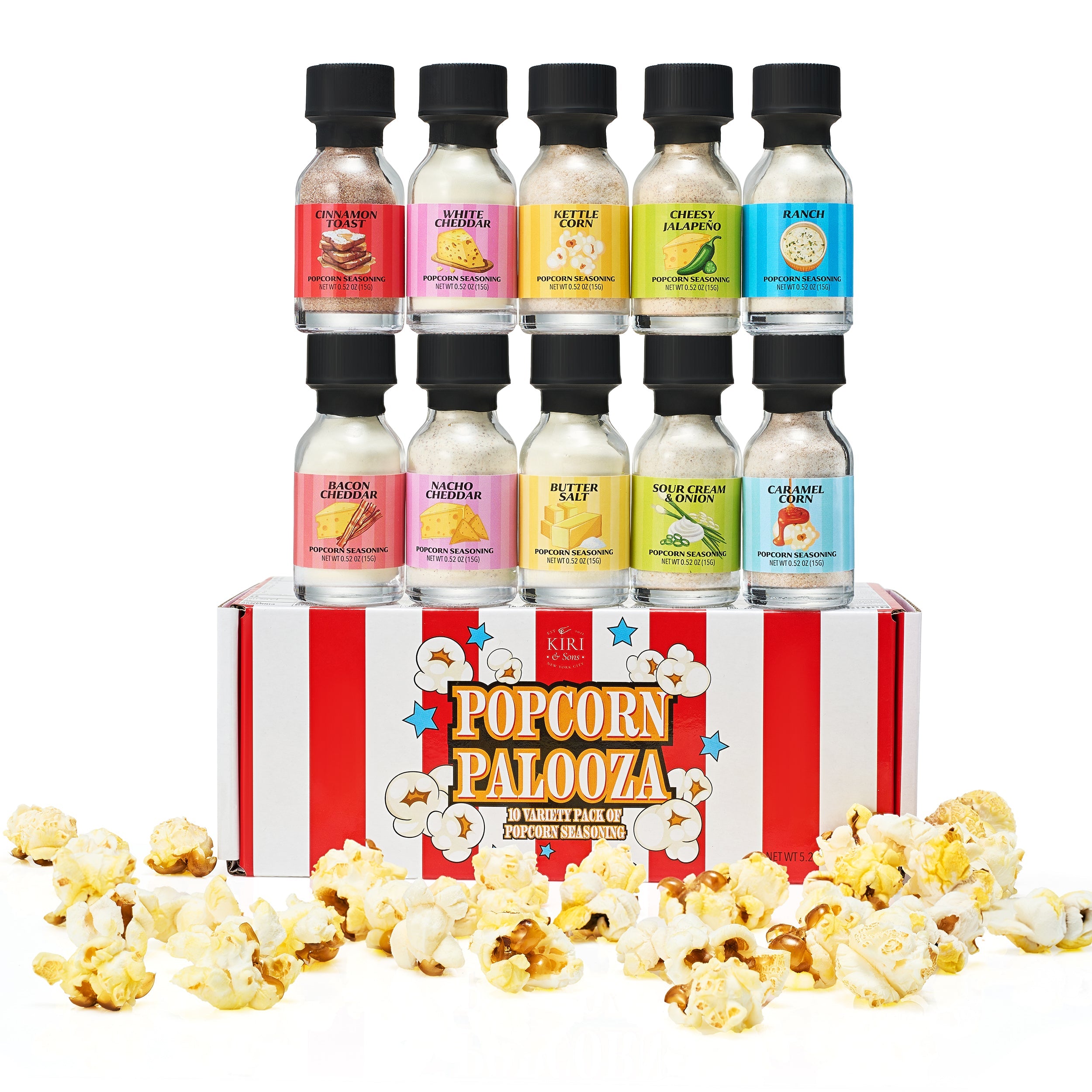 Gourmet popcorn seasoning sampler kit with 10 distinct flavor jars for movie night snacks