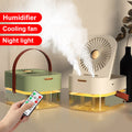 Portable humidifier fan with double misting nozzles, night light, and remote control on a desk