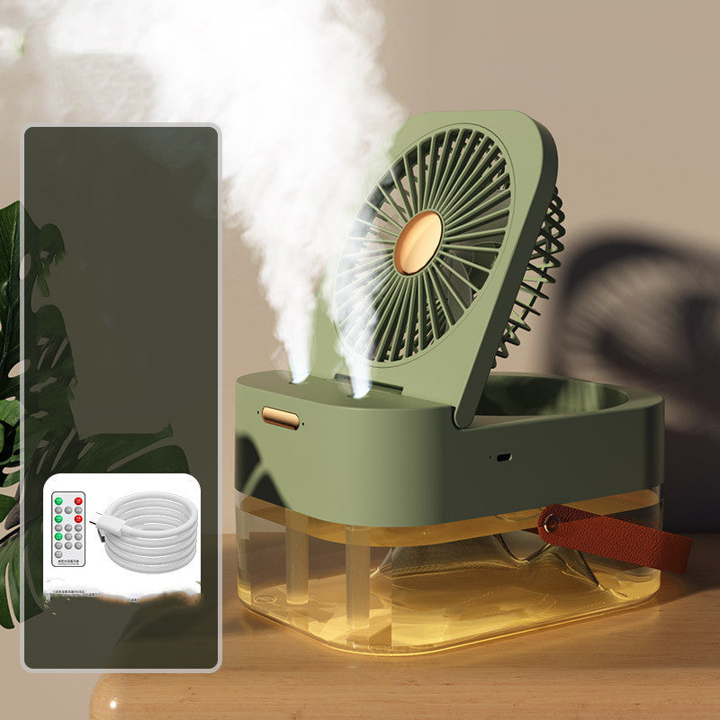 Portable humidifier fan with double misting nozzles, night light, and remote control on a desk — view 2