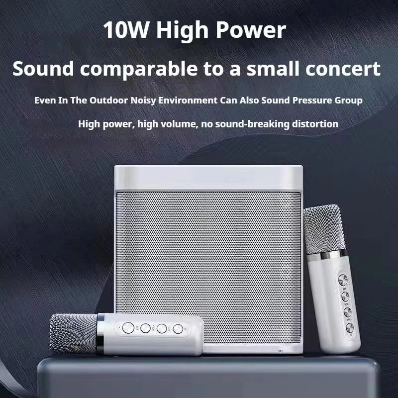 White portable dual microphone karaoke speaker system with two wireless mics and compact base — view 3