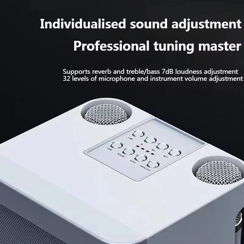 White portable dual microphone karaoke speaker system with two wireless mics and compact base — view 4