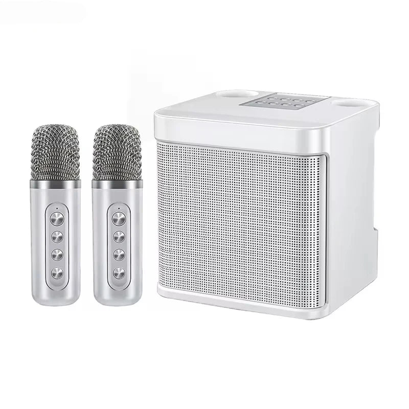 White portable dual microphone karaoke speaker system with two wireless mics and compact base