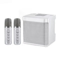 White portable dual microphone karaoke speaker system with two wireless mics and compact base