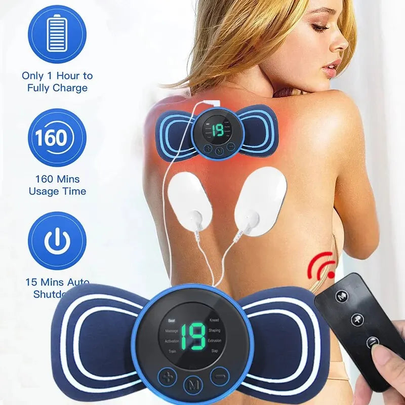 Blue portable electric neck massager with wireless remote control and stimulating pad for muscle relief — view 2