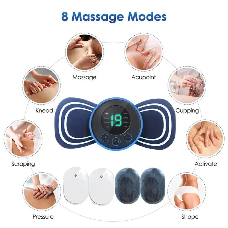 Blue portable electric neck massager with wireless remote control and stimulating pad for muscle relief — view 4