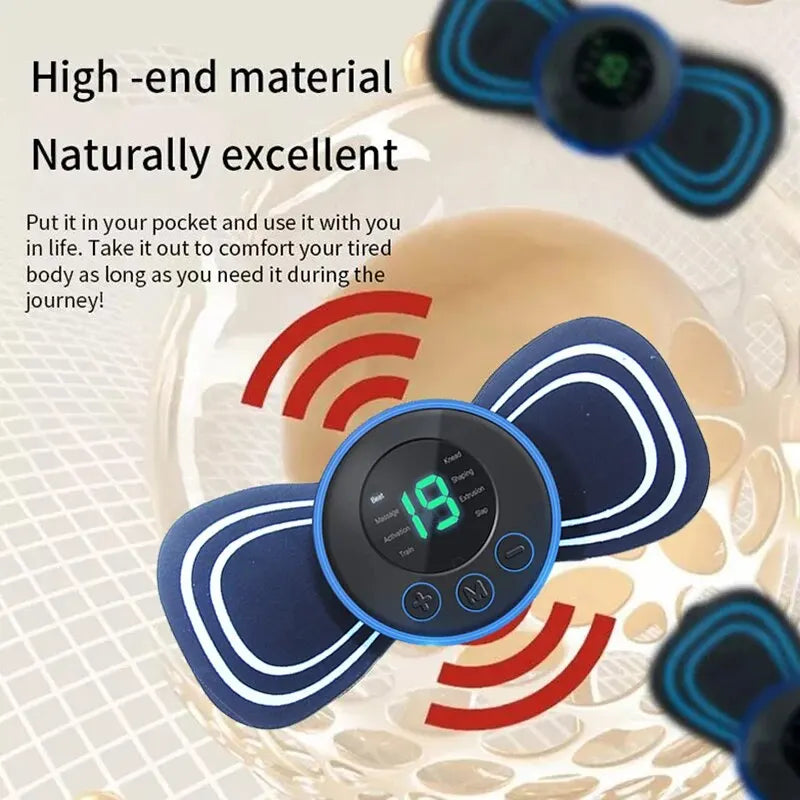 Blue portable electric neck massager with wireless remote control and stimulating pad for muscle relief — view 5