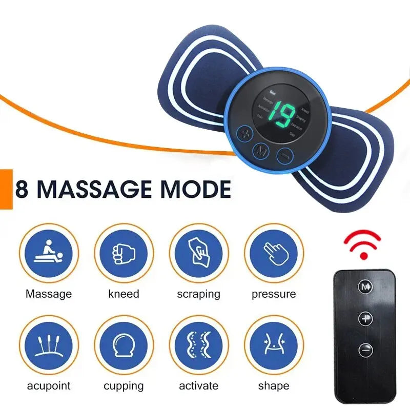 Blue portable electric neck massager with wireless remote control and stimulating pad for muscle relief — view 3