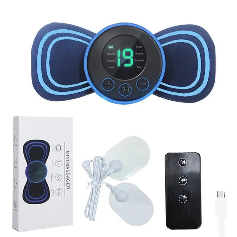 Blue portable electric neck massager with wireless remote control and stimulating pad for muscle relief