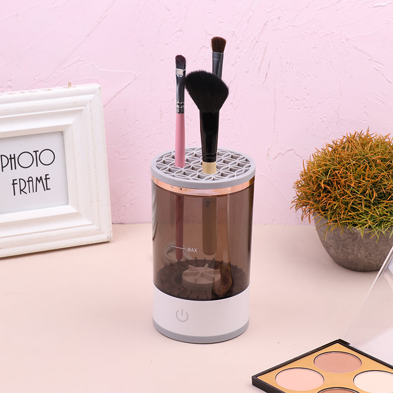 Portable electric makeup brush cleaner in gray and white with USB charger and cleaning bowl — view 4