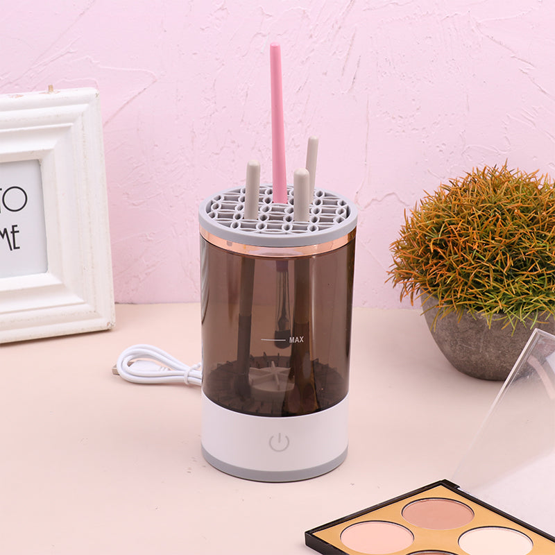 Portable electric makeup brush cleaner in gray and white with USB charger and cleaning bowl — view 5