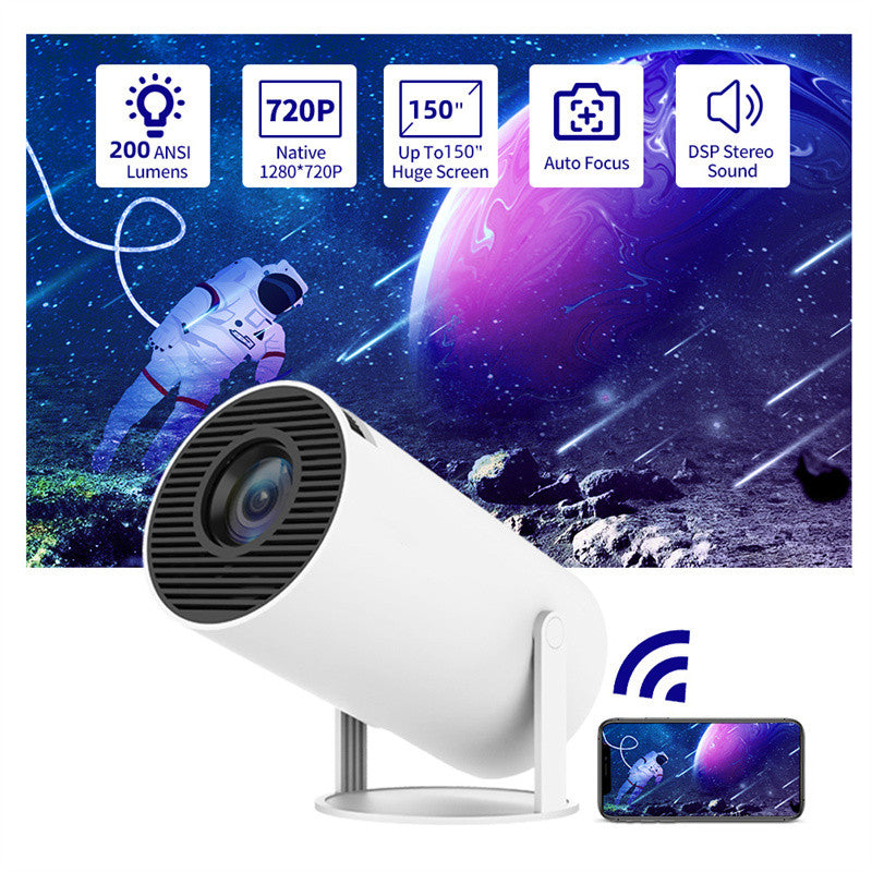 Portable home video projector with a white cylindrical body and 180 degree adjustable rotating stand