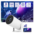 Portable home video projector with a white cylindrical body and 180 degree adjustable rotating stand