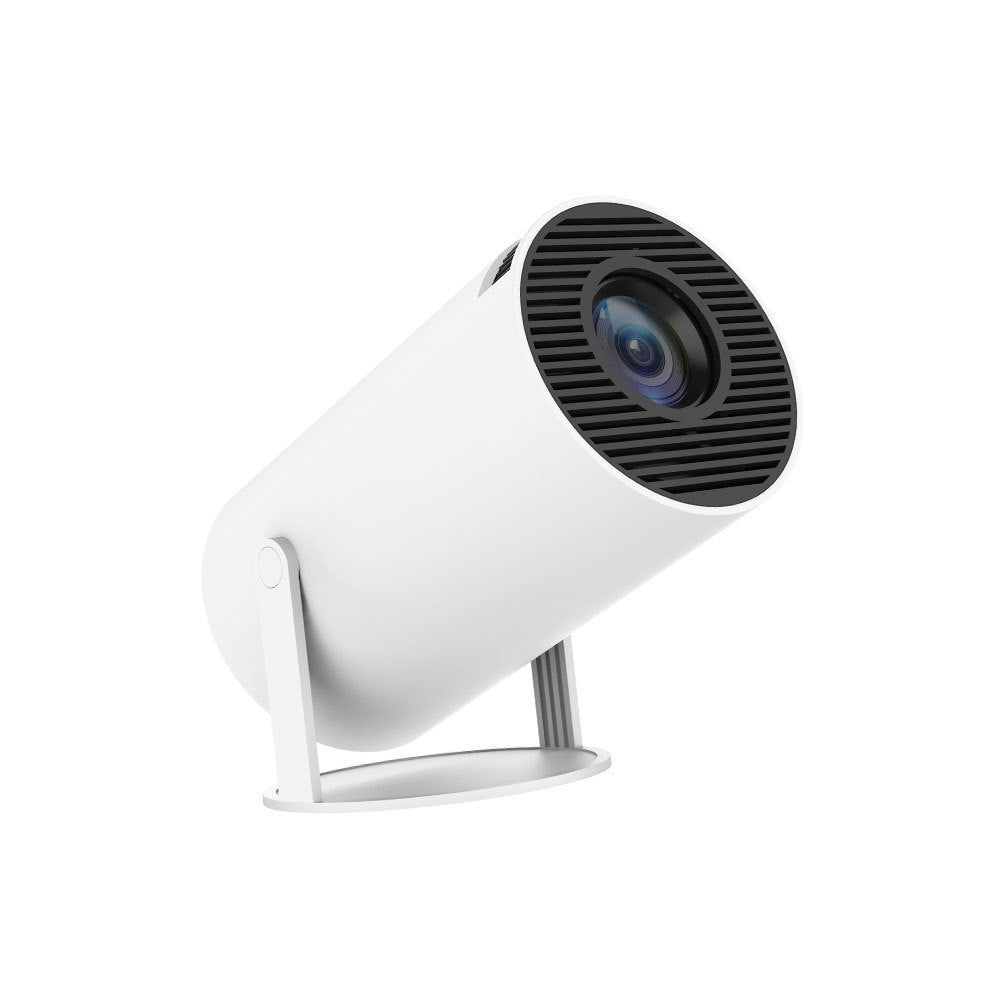Portable home video projector with a white cylindrical body and 180 degree adjustable rotating stand — view 3