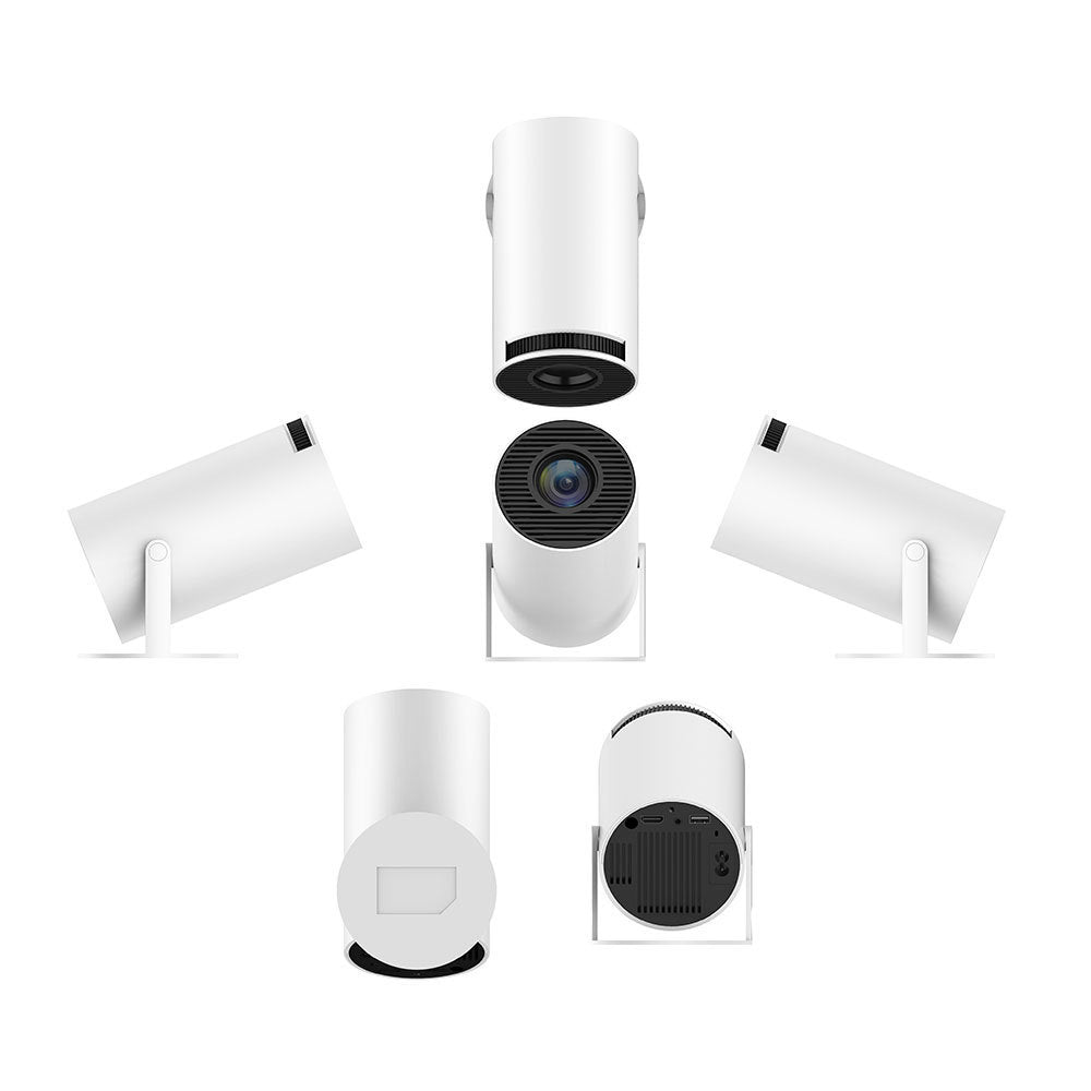 Portable home video projector with a white cylindrical body and 180 degree adjustable rotating stand — view 4