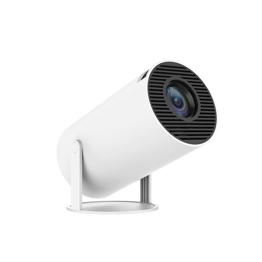 Portable home video projector with a white cylindrical body and 180 degree adjustable rotating stand — view 5