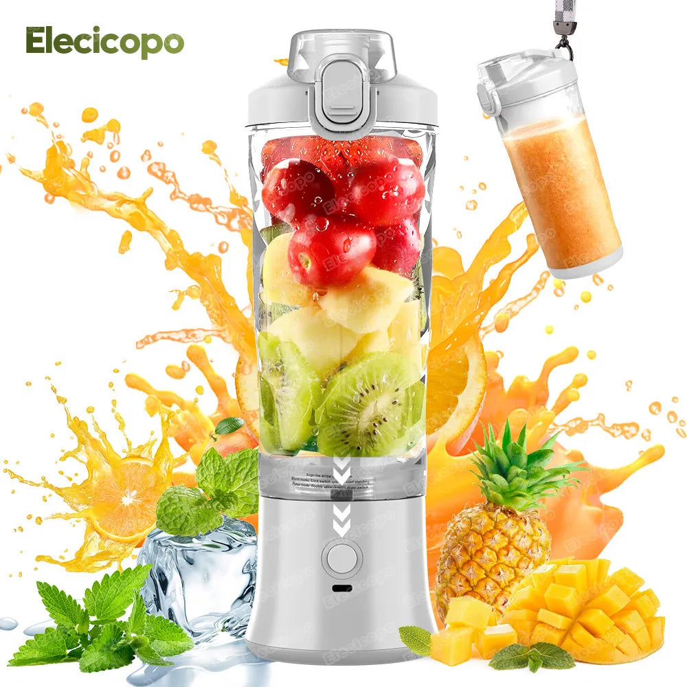 Portable rechargeable juicer blender showing 600ml clear diamond cut cup and compact motor base.