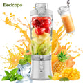 Portable rechargeable juicer blender showing 600ml clear diamond cut cup and compact motor base.