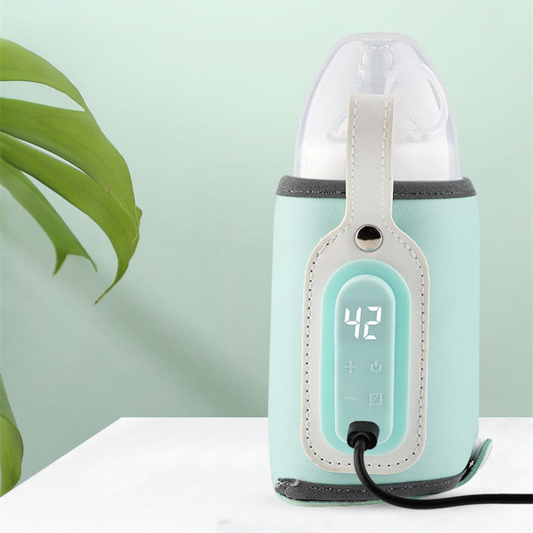 Portable USB baby bottle warmer in pastel colors with zippered opening and adjustable heating sleeve