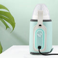 Portable USB baby bottle warmer in pastel colors with zippered opening and adjustable heating sleeve