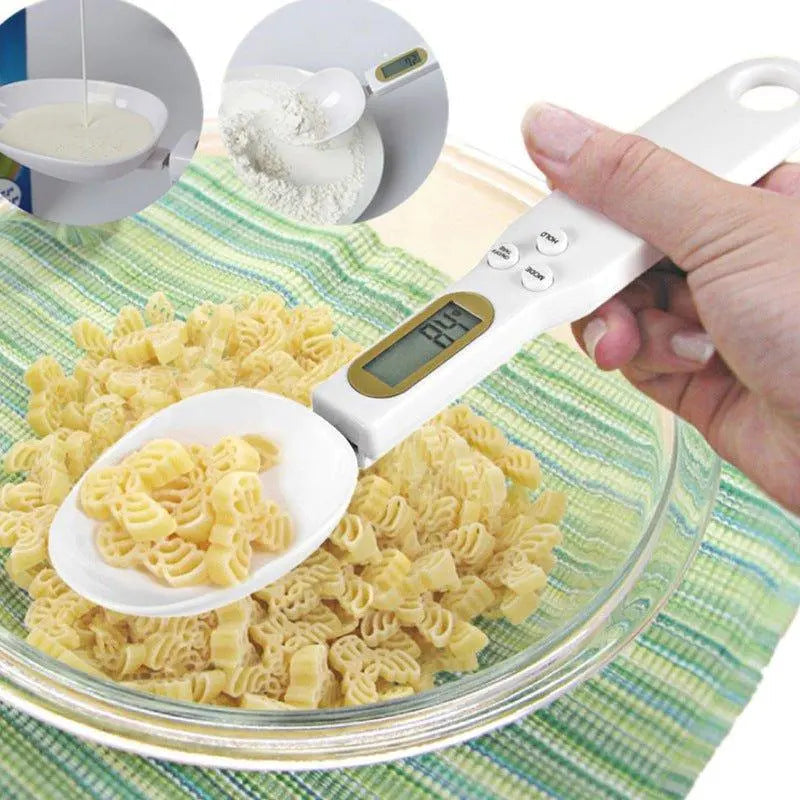 White digital measuring spoon scale in ABS plastic with LCD display for precise kitchen cooking