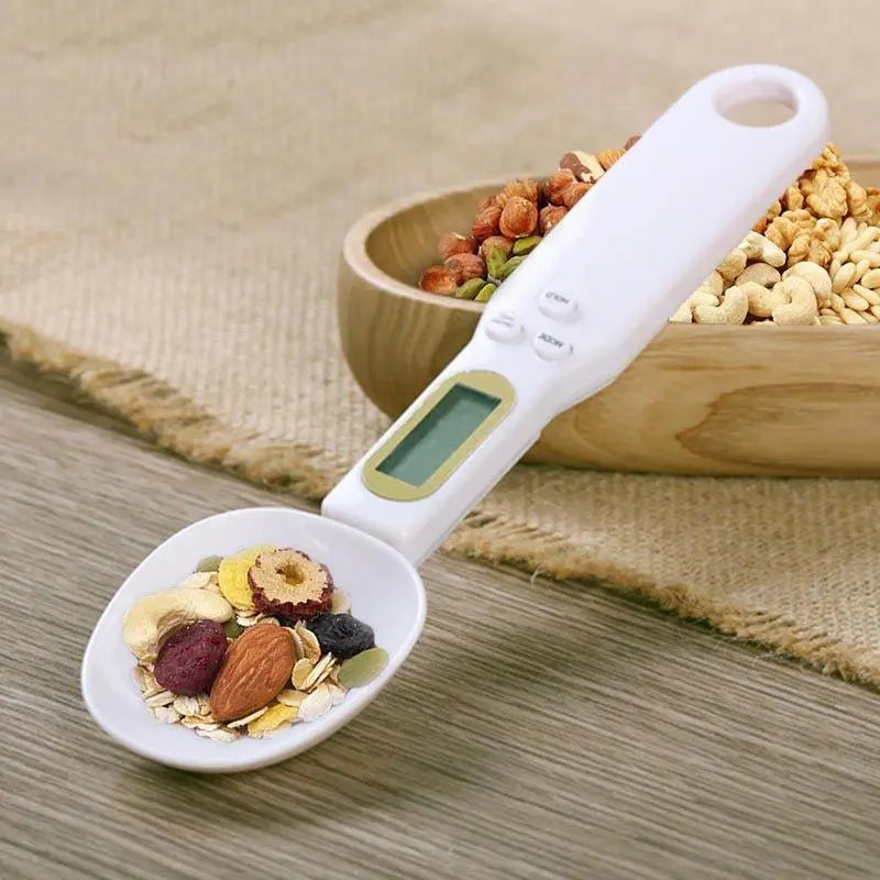 White digital measuring spoon scale in ABS plastic with LCD display for precise kitchen cooking — view 2