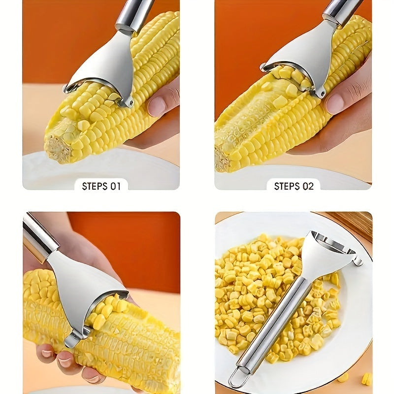 Premium stainless steel corn peeler with serrated blade edge removing fresh kernels from the cob — view 2