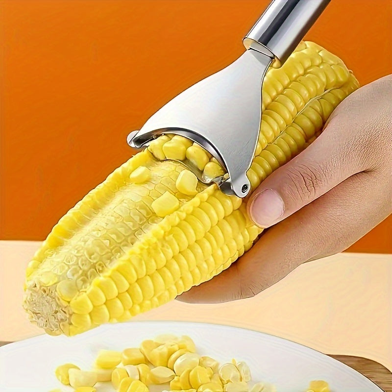 Premium stainless steel corn peeler with serrated blade edge removing fresh kernels from the cob — view 3