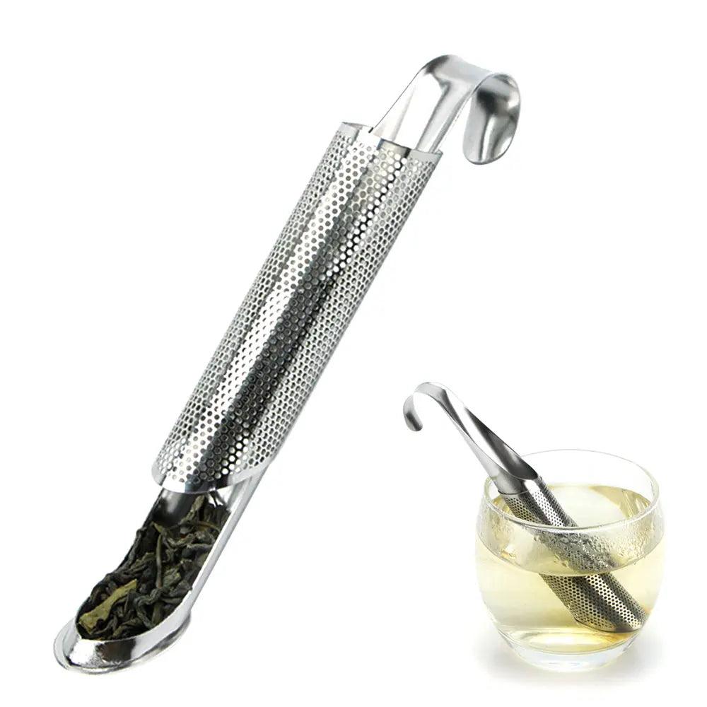 Stainless steel tea infuser with curved handle and fine mesh filter for loose leaf brewing